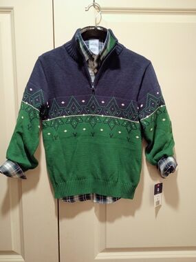 Boy's Izod Navy & Green Half-Zip Pullover Sweater & Plaid Button-down 2 Pc Set